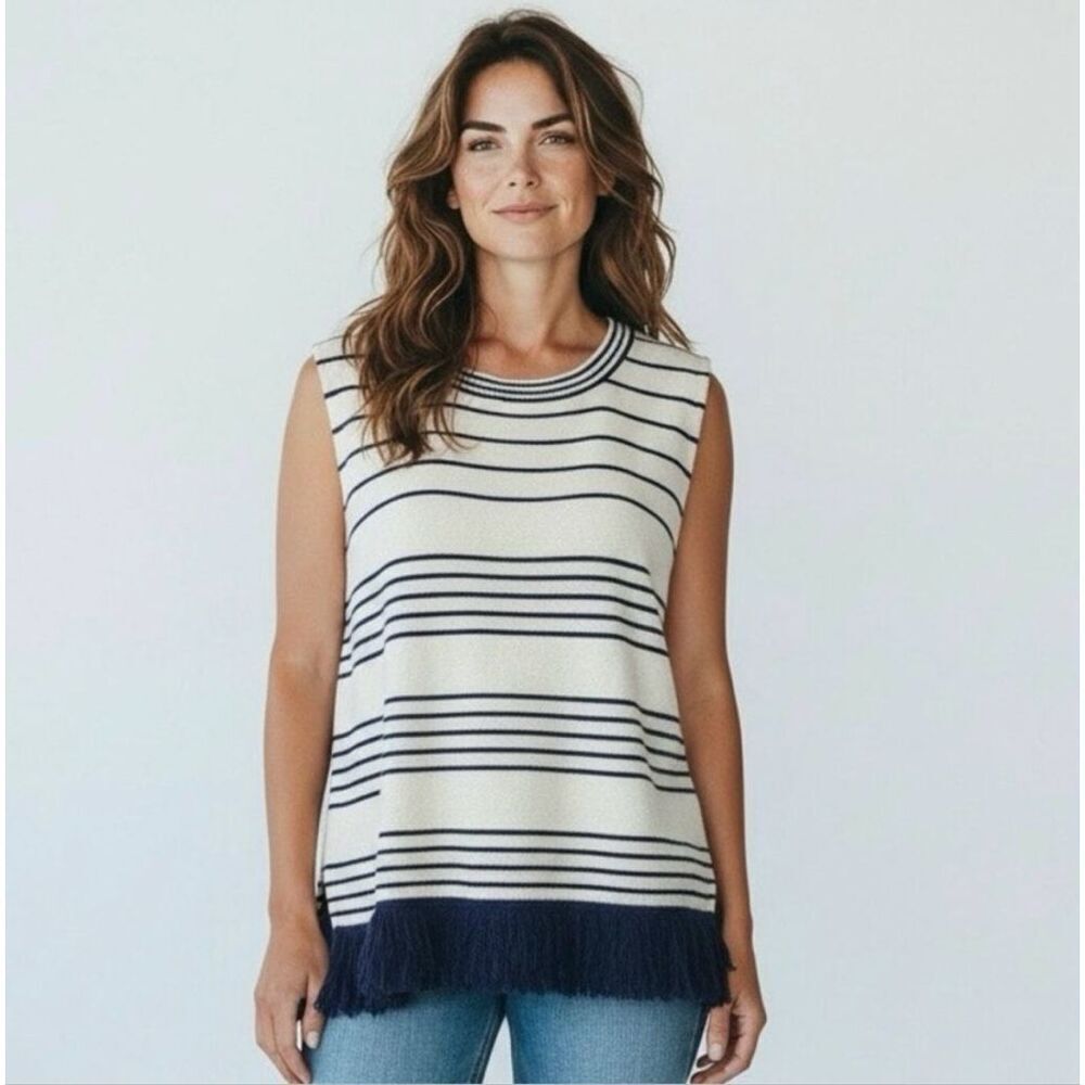 J. Crew Fringe Sleeveless Sweater Top Size small Cream Blue Stripes merino Wool